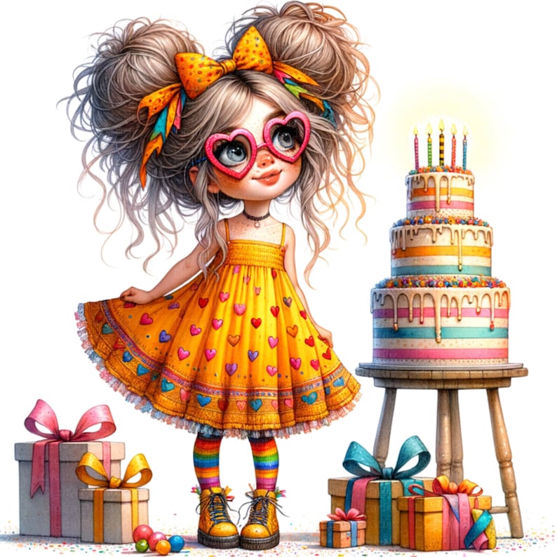 K&ouml;nnte beinhalten: Cartoon-Illustration eines M&auml;dchens mit herzf&ouml;rmiger Brille und einem gelben Kleid mit Herzmustern. Sie steht in der N&auml;he einer mehrst&ouml;ckigen Geburtstagstorte mit brennenden Kerzen und verpackten Geschenken.