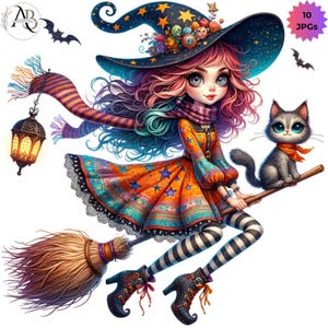 Könnte beinhalten: Eine skurrile Illustration einer jungen Hexe mit rosa und blauem Haar, die ein orangefarbenes Kleid mit blauen Sternen, gestreiften Strümpfen und schwarzen Stiefeln trägt. Sie reitet auf einem Besen mit einer grauen Katze, einer Laterne und Fledermäusen.