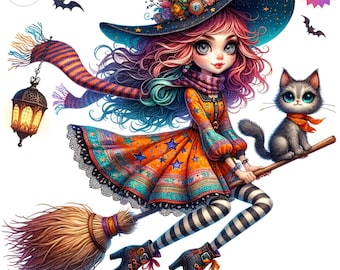 Verspielte Hexen-Cliparts: Halloween-Junk-Journal-Ephemera (Digitaler Download, 10 JPGs)