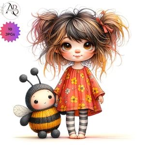 Bébés originaux avec jouet abeille marchant du sommeil 10 JPG bourdons filles originales, bébés fantaisistes, clipart aquarelle bébé, art de la chambre d'enfant