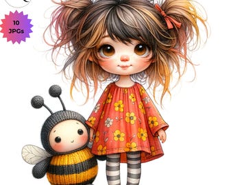 Quirky Babies with Honey Bee Toy walking from Sleep 10 JPG Bumble Bee Quirky Girls, Whimsical Babies, Baby Watercolor clipart, Nursery Art