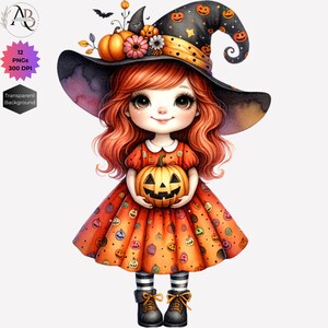Pode incluir: Uma bruxa de desenho animado fofa com cabelo ruivo usando um chap&eacute;u de bruxa preto com bolinhas laranja e pretas e um vestido com estampa de ab&oacute;bora. Ela est&aacute; segurando uma ab&oacute;bora talhada.