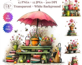 Imágenes prediseñadas de flores primaverales en acuarela, 12 PNG + JPG, lindas ilustraciones florales estilo cottagecore (descarga digital) para diario, agenda, sublimación.