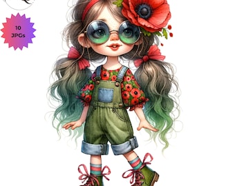 Quirky Flower Girl Clipart: Spring Summer Whimsical Art, Junk Journal Scrapbook (Digital Download, 10 JPGs)
