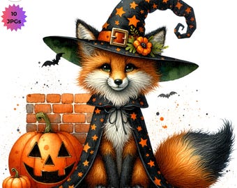 Immagini clipart di una volpe di Halloween stravagante: elementi decorativi per junk journal, scrapbooking, biglietti fai da te (download digitale, 10 JPG)