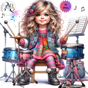 Quirky Girl Musical Clipart  15JPG Cute Whimsical Girls Musical Instrument Art Decor Cartoon Girl Drums Guitars Piano Scrapbook Junkjourn