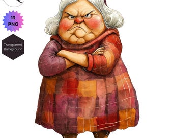 Clipart de ancianas gruñonas 13 PNG: caricatura divertida de abuela (descarga digital) Scrapbooking Junk Journaling Ephemera