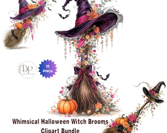Escoba de bruja floral, paquete PNG de Halloween, imágenes prediseñadas de Halloween moradas, espeluznantes, lindas y caprichosas para niñas, para álbumes de recortes y sublimación.