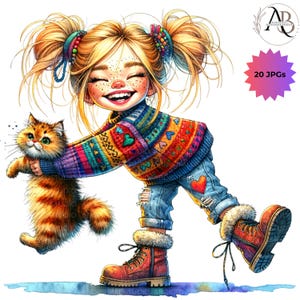 Chica peculiar pecosa con un gato 20 JPG Chica peculiar Chica divertida Chica linda y caprichosa Paquete de acuarela imprimible Scrapbooking Diario Manualidades