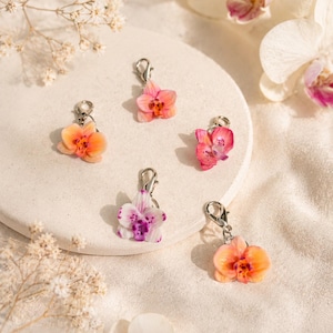Könnte beinhalten: Fünf Orchideenblüten-Anhänger in Rosa, Orange und Lila, jeweils mit einem silberfarbenen Verschluss. Die Anhänger sind auf einer weißen, kreisförmigen Oberfläche angeordnet, mit einem neutralen Hintergrund.