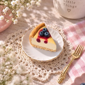 Könnte beinhalten: Ein Stück Käsekuchen mit goldbraunem Boden und cremefarbener Füllung, garniert mit einer dunkelroten Beerensoße und drei frischen Blaubeeren, serviert auf einem kleinen weißen Teller mit gewelltem Rand und einer goldfarbenen Metallgabel.
