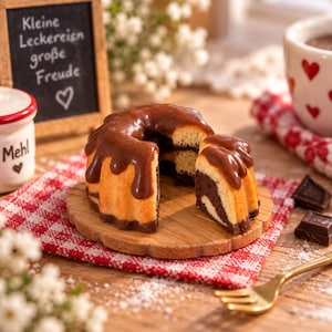 Könnte beinhalten: Ein Marmor-Gugelhupf mit Schokoladenglasur auf einem Holzbrett. Ein kleines Kreidetafel-Schild trägt die Aufschrift "Kleine Leckerein große Freude" mit einem Herz. Ein weißes Gefäß mit der Aufschrift "Mehl" und eine Tasse mit roten Herzen stehen daneben.