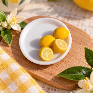 Peut inclure: Une petite assiette blanche contenant deux citrons jaunes entiers et deux moitiés de citron, révélant la pulpe et les segments intérieurs. L'assiette est posée sur une surface en bois avec des fleurs de citronnier blanches et un tissu à carreaux jaunes.