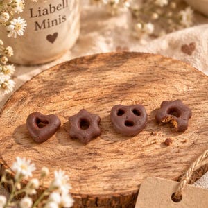 Miniatyrpepparkakor, 4 bitar, miniatyrmat, dockskåpsmat, minipepparkakshjärtan, stjärnor och pretzels