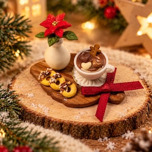 Op de afbeelding: Een miniatuurset bestaande uit een witte vaas met een rode kerstster, een witte mok gevuld met warme chocolademelk met een peperkoekmannetje en hartvormige snoepjes, en drie kleine gele ringvormige koekjes op een houten plank met een rood lint.