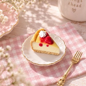 Miniature cake, cheesecake, realistic food miniature, dollhouse decoration, 1:12 scale, Roombox cake, gnome eating
