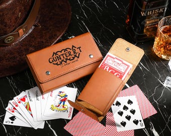 Personalized Vegan Leather Playing Card Case, Engraved Poker Set