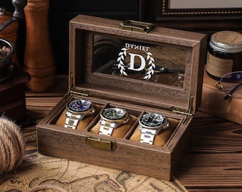 Personalized Walnut Wood Watch Box, Engraved Gift for Him