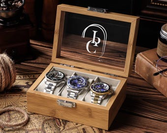 Personalized Wooden Watch Box, Engraved Velvet Lined Display Case