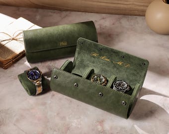 Estuche de viaje personalizado de cuero verde para reloj, regalo para padrinos de boda.