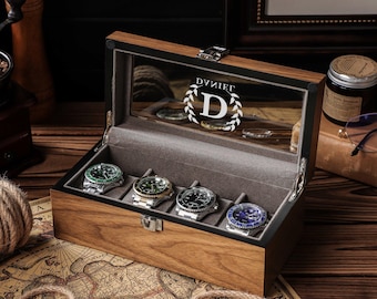 Personalized Walnut Wood Watch Box, Engraved Gift for Him