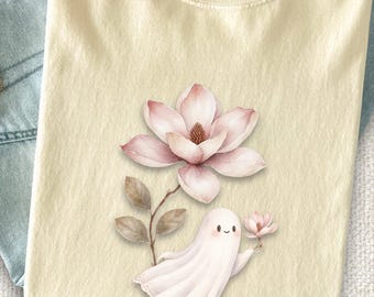Camiseta floral de Halloween Magnolia Ghost, camiseta vintage botánica con lindas flores, camiseta Coquette Gothic Comfort Colors