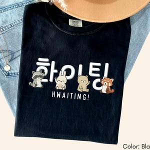 May include: Black t-shirt with the Korean word "Hwaiting" and the English word "Hwaiting!" below, along with cartoon raccoon, rabbit, bear, and red panda graphics. The shirt is folded on top of blue jeans.