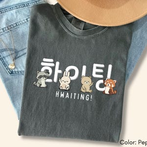 May include: A dark gray t-shirt with the Korean word "HWAITING" in white, along with illustrations of a raccoon, rabbit, bear, and red panda. The shirt is folded on top of blue jeans and a tan hat.