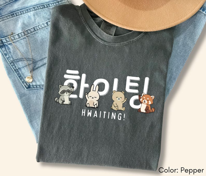 May include: A dark gray t-shirt with the Korean word "HWAITING" in white, along with illustrations of a raccoon, rabbit, bear, and red panda. The shirt is folded on top of blue jeans and a tan hat.