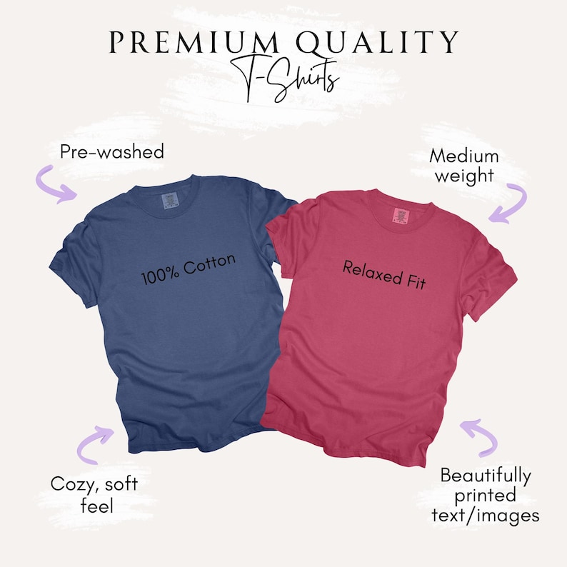 May include: Two t-shirts, one navy blue and one red, are displayed. The navy shirt has the text "100% Cotton" and the red shirt says "Relaxed Fit." The image also highlights features like pre-washed, medium weight, cozy feel, and beautifully printed text/images.