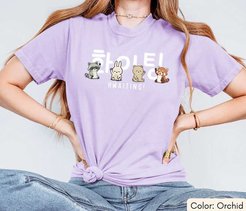 May include: Orchid-colored t-shirt featuring a graphic of four cartoon animals and Korean text. The animals include a raccoon, a rabbit, a bear, and a red panda. The text reads "Hwaiting!"