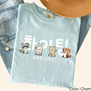 May include: A light blue t-shirt with the word "HWAITING!" in white, along with illustrations of a raccoon, a bunny, a bear, and a red panda. The shirt is made of a soft material and is a chambray color.