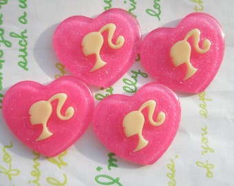 SALE Glitter Ponytail Barbie Girl Heart cabochons 4pcs Size M Hot pink