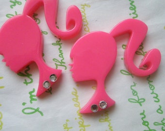 SALE BIG Ponytail barbie cabochon with rhinestones Set B 2pcs Hot pink