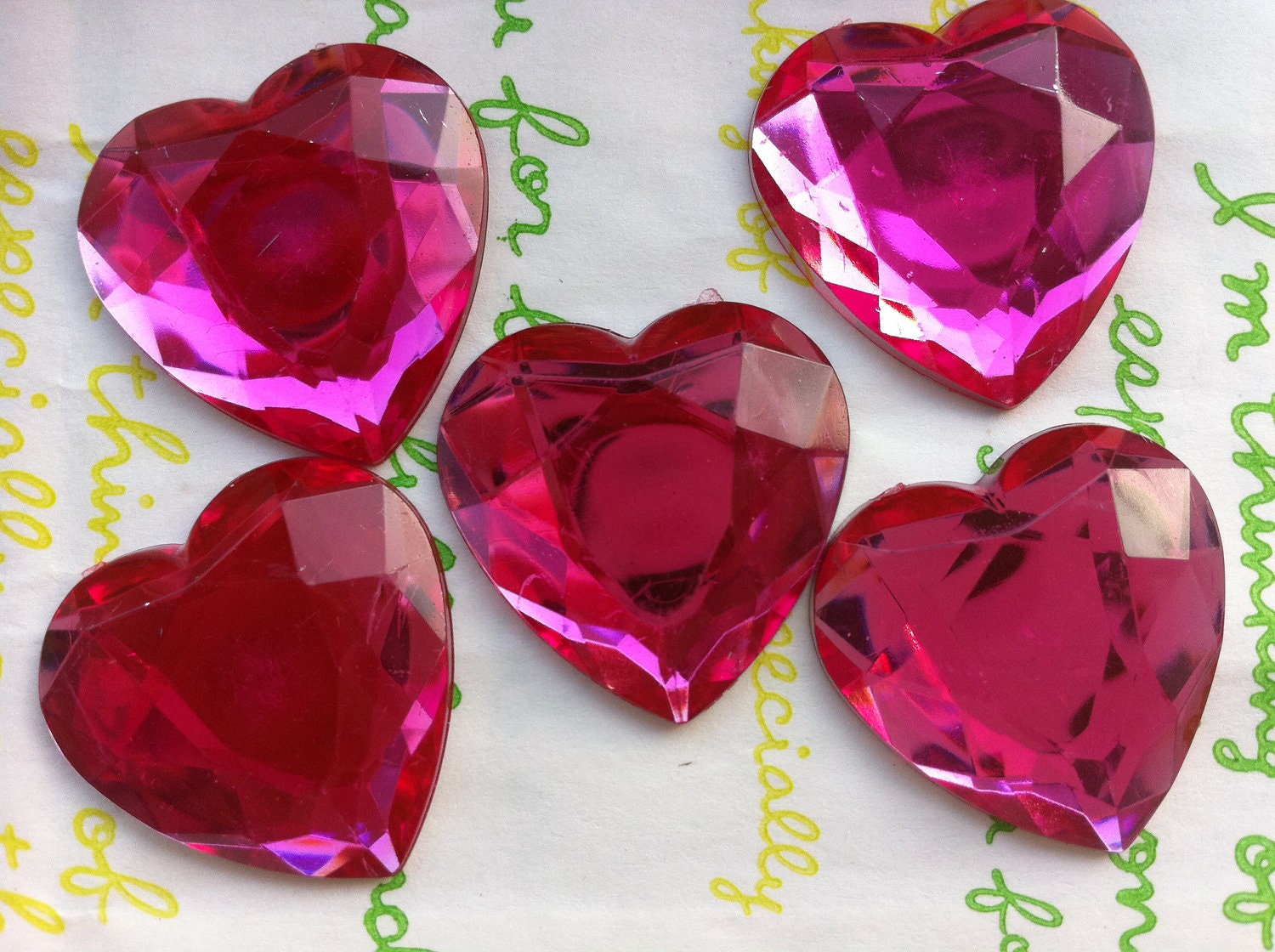 Big Clear HOT Pink faceted Heart shaped gems cabochons 25mm 5pcs