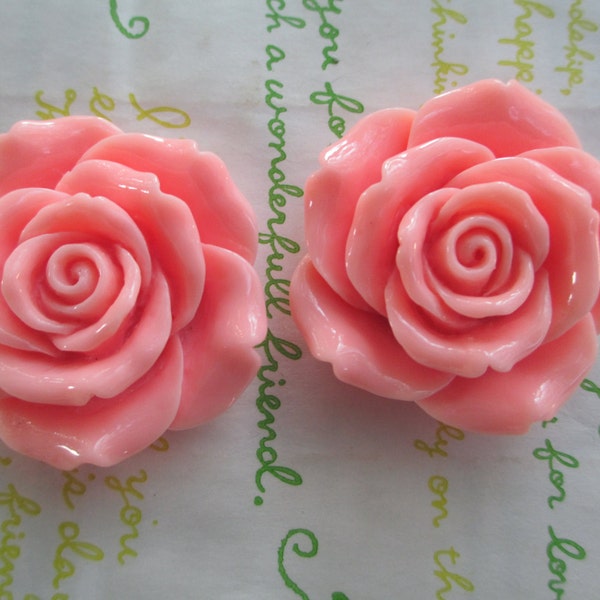 New item HUGE Resin Rose Cabochons Set 2pcs 45mm Salmon pink