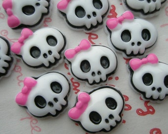 SALE Small Skull with Pink bow cabochons 10pcs