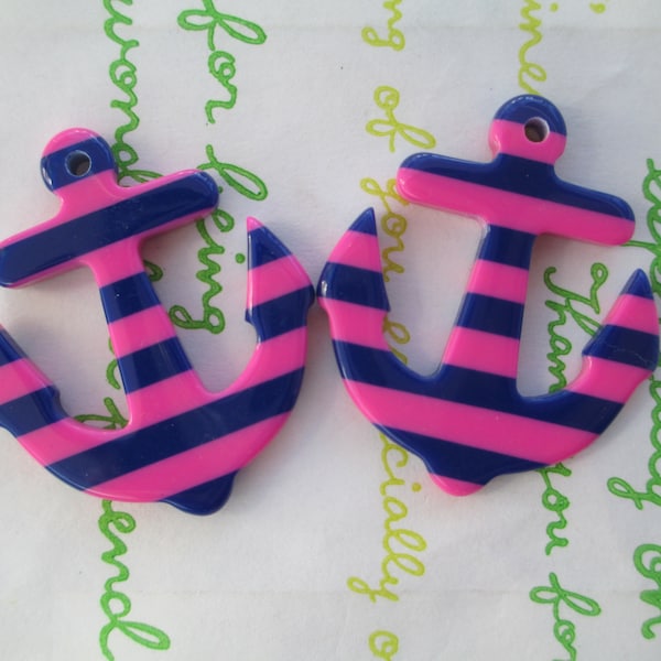 sale Acrylic  striped  ANCHOR charms 2pcs Navy Blue and Hot pink stripe