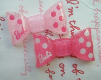 Polka dots Barbie bow cabochons Set 2pcs Hot pink Light pink