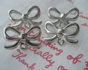 Rare Bow metal earring post with loop 2 pairs (4pcs) SILVER PLATED