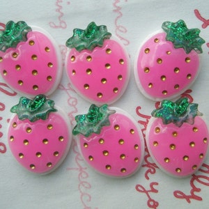 sale Super cute strawberry cabochons 6pcs (Glitter leaf and golden dots )