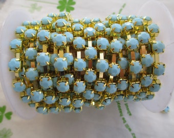 New item Opaque color rhinestone chain ( Gold tone ) 6mm stone 50cm Pastel Blue