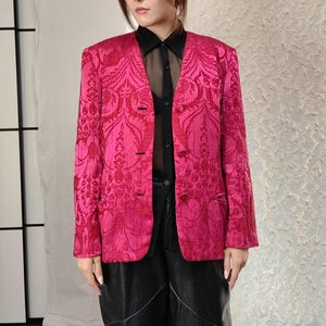 Blazer vintage en jacquard damassé magenta | Mélange soie/laine, Atelier italien, Milan
