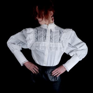 Vintage White Edwardian-Inspired Cotton Lace Ruffle Blouse - Size S/M