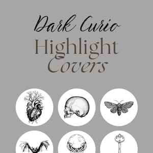 Peut inclure: Ensemble de 12 illustrations en noir et blanc de divers motifs fantastiques et gothiques, dont un cœur, un crâne, un papillon de nuit, une chauve-souris, une boule de cristal, une clé, un crâne d'animal, un insecte, des yeux, une fiole de potion, un corbeau et un autre crâne. Les illustrations sont en forme de cercle avec un fond blanc.