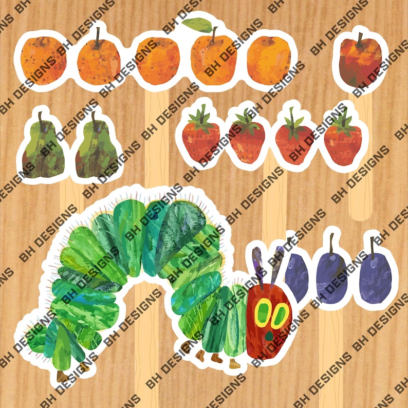 May include: A set of stickers with fruit and caterpillar illustrations. The stickers depict oranges, apples, pears, strawberries, plums, and a green, red, and yellow caterpillar. The text "BH DESIGNS" is repeated across the image.