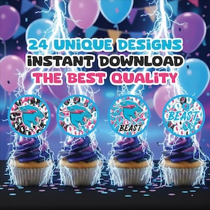 Puede incluir: Imagen que presenta cupcakes con glaseado azul y morado, cubiertos con diseños circulares de una pantera azul con rayos. La imagen incluye el texto "24 UNIQUE DESIGNS INSTANT DOWNLOAD THE BEST QUALITY" con un fondo de globos y rayos.