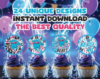Ozdoby na babeczki z motywem MrBeast | 24 cyfrowe wzory | Dekoracje urodzinowe do pobrania natychmiast | Akcesoria na imprezę dla YouTuberów