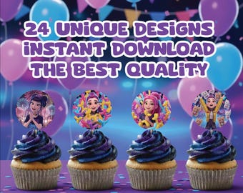 May include: Four cupcakes with blue and purple frosting, topped with character images. The background features balloons, confetti, and text that reads "24 UNIQUE DESIGNS INSTANT DOWNLOAD THE BEST QUALITY."