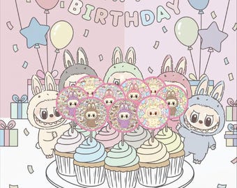 Labubu Party Bliss Cupcake Toppers | 24 Digital Designs | Instant Download Birthday Decor